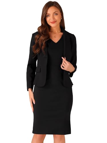 Allegra K Business Dress Suit Sets for Women's 2 Piece Outfit Work Office Notched Lapel Jacket Blazer Solid V Neck Dress