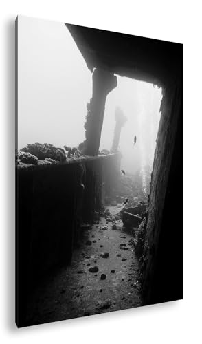 Tableau épave sous-marine 90x60 noir et blanc cadre bois véritable pour salon