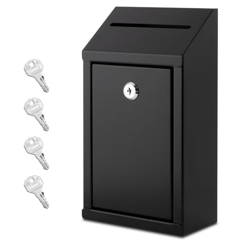 EIENHOSHI Metal Donation Box with Lock Wall Mounted Suggestion Box with 4 Iron Keys Black Cash Drop Box with Slot 1-Pack