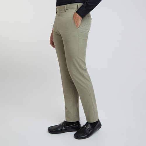 Image of Raymond Men's Slim Fit Mid Rise Solid Pattern Poly Viscose Blend Flat Front Formal Trouser