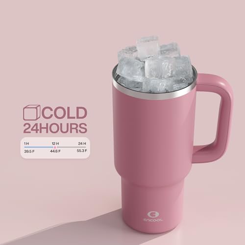 Image of ENCOOL 32 oz Tumbler with Handle and Straw: Stainless Steel Insulated Tumbler Keeps Cold for 24 Hours, Leakproof Travel Cup Fits in Cup Holder and BPA-Free,Turkish Rose
