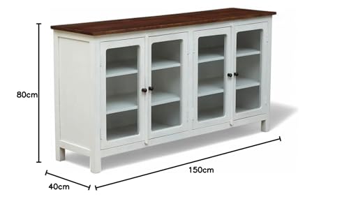 Image of Solid Wood Madrid 4-Door Glass Sideboard Cabinet | Crockery | Kitchen Cabinet | Finish - Premium White