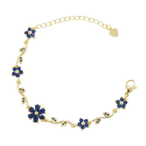 Cherry Blossom Flower Cubic Zirconia Chain Link Bracelet for Women Gold Plated Fashion Cute Delicate Crystal Leaf Petal Floral Sakura Bracelets Adjustable Dainty Trendy Jewelry for Her 7.5