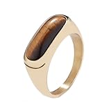HIJONES Hombres Mujer Acero Inoxidable Anillo de Boda con Piedra Preciosa Simulada con Forma de Frijol Ojo de Tigre Y Turquesa Piedra Marrón Dorada Talla 27