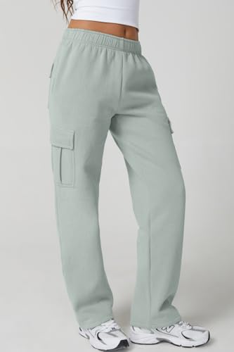 Image of QINSEN Baggy Medium Waist Elastic Sweatpants for Womens Casual Long Fleece Cargo Pants with Pockets