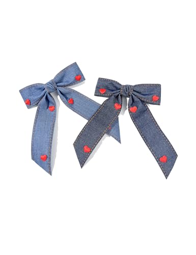 Blue Denim Hair Bow Clips Girls Denim Bowknot Pin Girls Blue Jeans Hair Bow Clips BW27 (2 Pcs-Set D)
