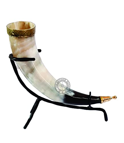 THE ANTIQUE HOUSE Taza de cuerno vikingo africano para cerveza y vino, apta para alimentos con soporte de hierro Cover