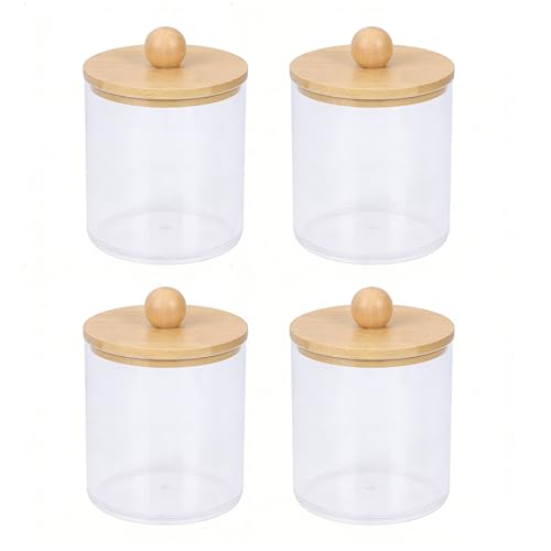 Zerodis Lot de 4 Supports pour Cotons-tiges, Pots D'apothicaire Transparents, Distributeur de Qtip Transparent, Accessoires Essentiels de Salle de Bain, Décoration avec Couvercle pour (Ronde)