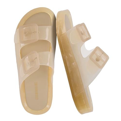 CUSHIONAIRE Pool Slides for Women Water Resistant Double Buckle Adjustable Slip-On Womens Sandals for Beach Shower Casual Wear, Champagne 11