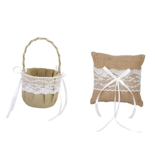 WHAMVOX Flower Basket Pillow 6x6'' Burlap Jute Lace Basket for Wedding Rustic Wedding Accessory