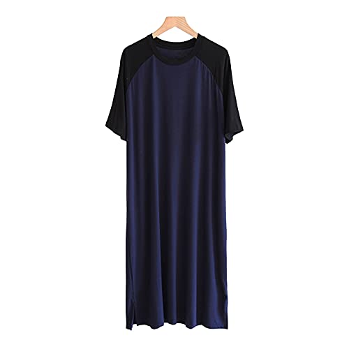 GTHTTT Camicia da Notte Uomo Cotone Sleepshirt Maniche Corte Girocollo Nightwear Giuntura Camicia Tops Comodo Traspirante Pigiami Lunghezza del Ginocchio,Black Navy,L