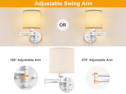 Image of GOODATE Plug in Wall Sconces with Remote Control, Dimming, Adjustable Colors 2700K-6500K, Hardwire or Plug-in, Swing Arm Wall Lamp with Linen Fabric Shade, Wall Sconces Set of Two, White Finish