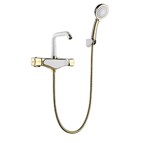 Robinet de bain mural mitigeur laiton doré et chrome avec douchette à main universelle