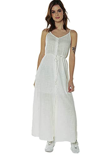 Vestido Longo Linho e Algodão Evasê com Botões Sob Branco (P)