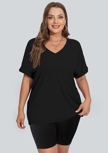WIHOLL Womens Oversized Tshirts Summer Tops 2025 Short Sleeve V Neck Shirts Outfits Plus Size Clothes2