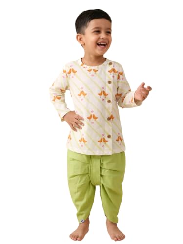 Image of POLKA TOTS Premium Cotton Dhoti Kurta Set for Kids Boys | Traditional Angrakha Style Ethnic Wear for Boys | Kurta Dhoti Set for Kids | Festive & Wedding Clothing Set for Baby