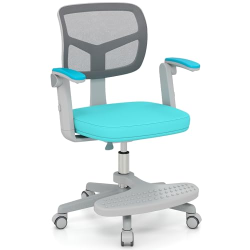 Giantex Kids Desk Chair, Ergonomic Adjustable Student Rolling Chair with Footrest & Flip-up Armrest, Mesh Children Office Chair with Universal Wheels, Kids Computer Chair for Boys & Girls, Turquoise
