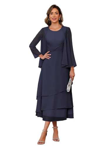 Chiffon Crew Neck Mother of The Bride Dresses with Jacket Navy Blue Tea Length 2 Piece Formal Evening Prom Dress with Chiffon 2025 US6