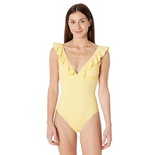 Amazon Essentials Women's ruffle v-neck one-piece swimsuit, Light Yellow, 14
