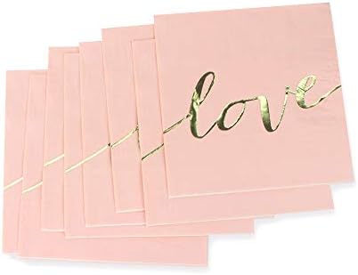 Dulousia Pink Luncheon Paper Napkins Stamped with Sparkle Gold LOVE Letters - Folded 6.5 x 6.5 inch/Unfolded 13 x 13inch for Wedding, Bridal/Baby Shower, Dinner Party, Birthday Party (48 Count)