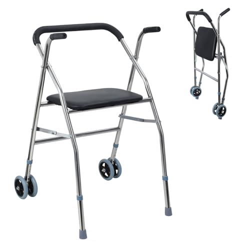 Reheyre Andador plegable ligero para personas mayores, caminador de viaje estrecho plegable con ruedas, ideal para espacios pequeños, andador portátil para adultos y ancianos, color negro