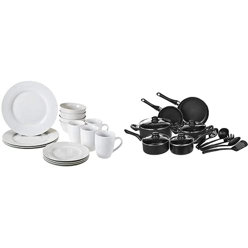 Amazon Basics Non-Stick Cookware Set, Pots, Pans and Utensils - 15-Piece Set & 16-Piece Kitchen Dinnerware Set, Plates, Bowls, Mugs, Service for 4, White