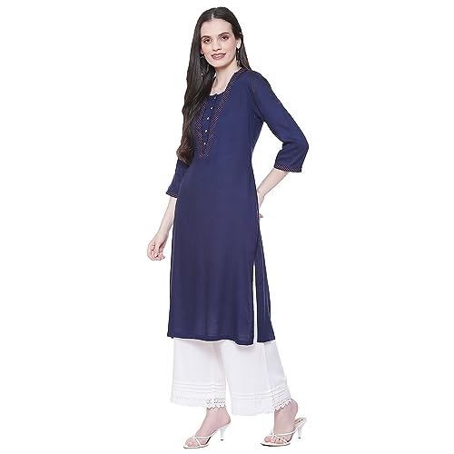 Image of Rangriti Indigo Blue Liva Straight Solid Kurta for Women