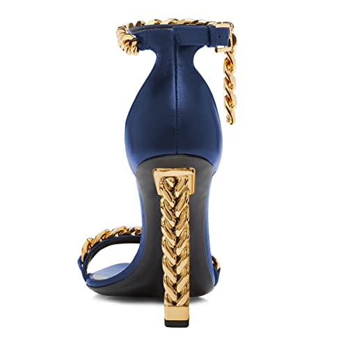 FSJ Women Sexy Golden Metal Chunky High Heel Chains Decor Open Toe Ankle Strap Party Prom Dressy Sandal Shoes Size 4-15 US3