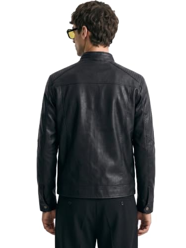 Image of Leather Retail Black Full Sleeve Solid Men Jacket