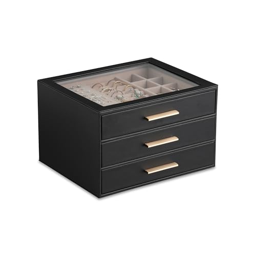 Frebeauty Clear Lid Jewellery Box,3-Layer Jewellery Organiser with Drawer,PU Leather Jewellery Organisers and Storage,Jewellery Box for Women,Jewellery Storage for Rings Earring,Gift for Women(Black)