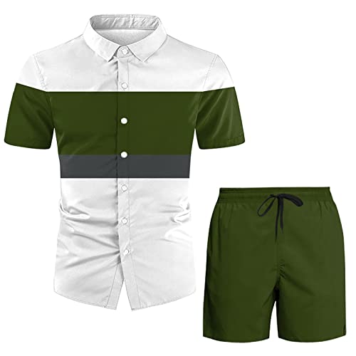 Glvsz Men's Spring/Summer Leisure Sports Hawaii Beach Style Stitching Stripe Print Short Sleeved Shirt Pants Tuxedo Full Suit Green #TOP1