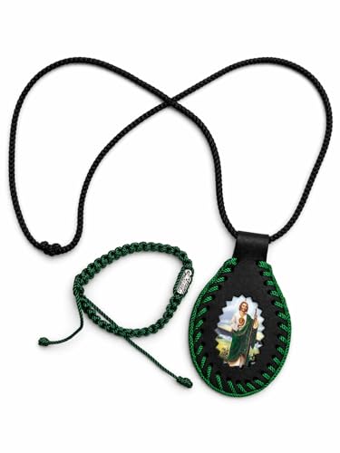 CHAVARIOS (2 pieces) San Judas Unisex Leather Scapular Necklace and Bracelet (14 Inches) with Saint Jude Image Prayer Unique Design Comfortable Fit for Men and Women.