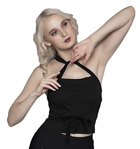 Image of A1728 Women's Basic Solid X Halter Neck V Back Front Tie Knot Crop Top for Women Stylish Western