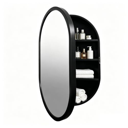 Botiquín de baño con espejo ovalado, marco circular de madera maciza, montaje en pared, 4 niveles, 19,7 x 30,7 pulgadas (estilo B, negro) miniatura 5