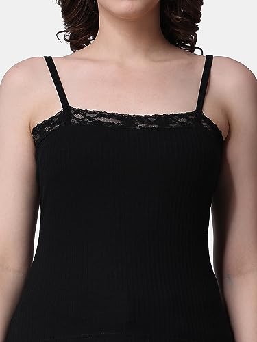 Image of POPWINGS Women Casual Black Rib Solid Sleeve Self Design Noodle Strap Top | Women Tops | Women Regular Tops | Women Tops | Women Stylish Tops