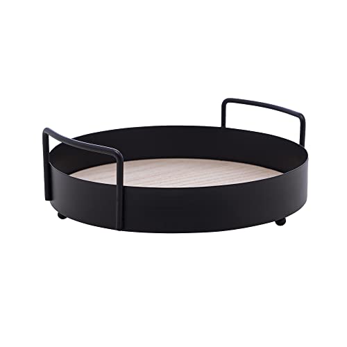 Bandeja Redonda de Metal com Fundo em MDF e Alça Preto Fosco 20cm x 6cm - Lyor