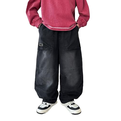 Boys Baggy Jeans Teen Casual Straight Wide Leg Cargo Jeans Y2K Loose Elastic Waist Denim Pants Trousers with Pockets