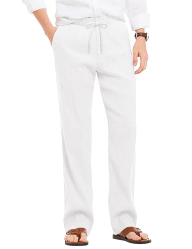 COOFANDY Men's Casual Linen Summer Beach Pants Lightweight Drawstring Elastic Waist Yoga Trousers White
