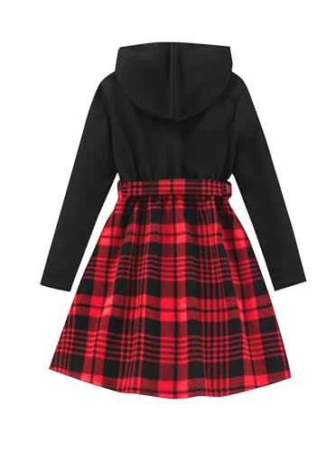 Girls Plaid Dress Casual Long Sleeve Bow Hooded Sweatshirt Dress2