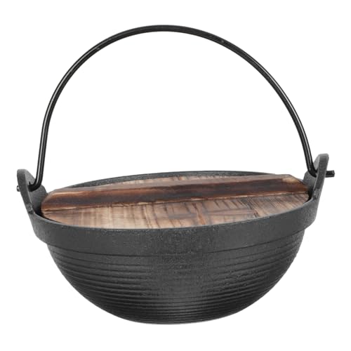 VALICLUD Olla de Hierro Fundido con Tapa de Madera Cacerola Pequeña para Camping y Picnic Olla para Cocinar Sopas y Ramen al Aire Duradera y Ligera para Uso Familiar