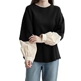 [NONELECEDOLE] レディース Tシャツ 長袖 丸首 トップス ランタンスリーブ ティーシャツ シンプル 配色 切り替え ゆったり 大きいサイズ 着瘦せ カジュアル 通勤 春 秋