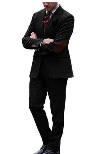 VENNYNG Mens Tweed Blazer Pant Set 2 Pieces Wedding Groom Suit Vintage Jacket with Elbow Patches Men