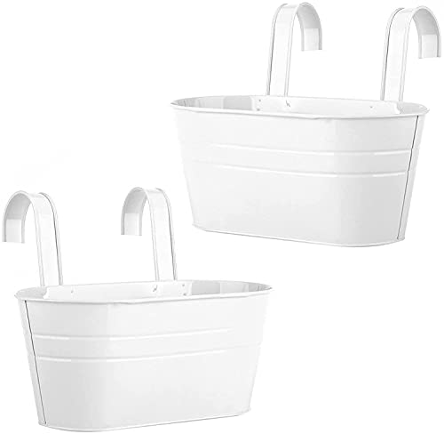 Ezzu Crafts Set of 2 Rail Planter, Balcony Planters Railing Hanging Flower Pots with Detachable Hook, Iron Fence Bucket Outdoor Flower Pot for Patio Fence Deck Balcony Garden Color White, 30 x 20 Cm