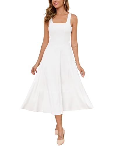 Zattcas Womens 2025 Spring Summer Square Neck Sleeveless Flowy Swing Midi Dress Wedding Guest Prom Cocktail Party Dress