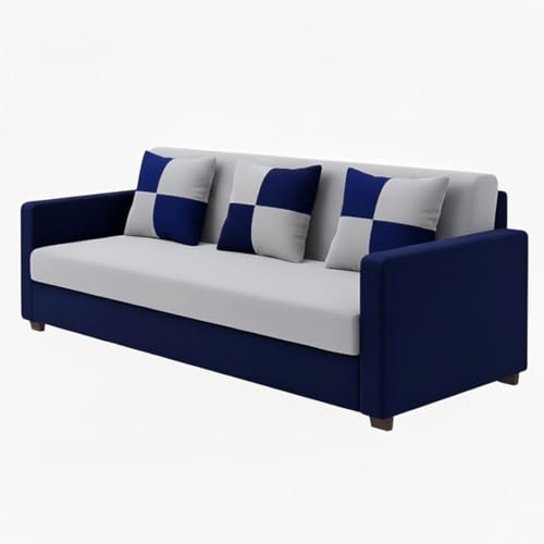 Image of FURNY Ameno 3 Seater Fabric Sofa Set (Light Grey-Dark Blue) Premium Velvet Finish | Durable Comfort | Ideal for Living Room