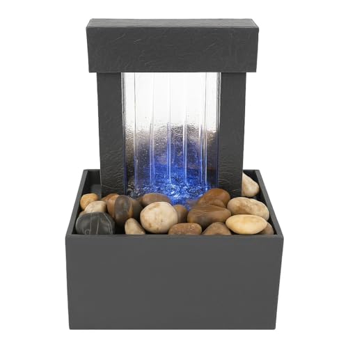 Image of Mirrored Waterfall Tabletop Fountain with LED Light Show, Natural River Rocks, Indoor Decorative Water Feature for Home Office Meditation