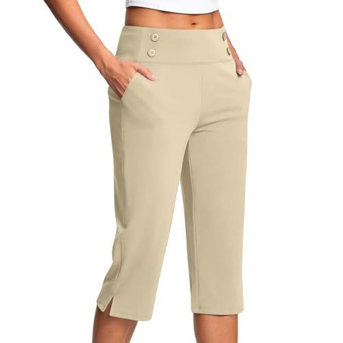 Pantalones deportivos para mujer, de cintura alta, pantalones de trabajo, casuales, holgados, con bolsillos, de punto, acanalados, transpirables, pantalones capri, beige, L