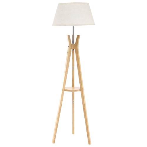 Image of Tripod Floor Lamp with Shelf, Modern Corner Lamp for Living Room | Mid Century, 59'' Tall, Bamboo Standing Lamp for Bedroom, for Office, Linen Shade, E26 Base, Natural