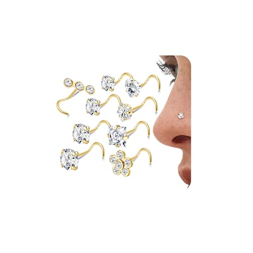 LOLIAS Lot 9 Bouchons Piercing Nez argentés 20G Forme L à vis pour Piercing Narine Bouchons Piercing Nez dorés Acier Chirurgical 316L CZ Ensemble Bijoux...