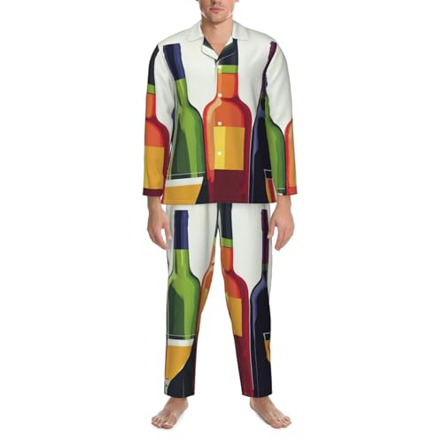 Poster Of Wine Bottles And Cocktails Mens Pajamas Set Button Down Sleepwear Set Long Sleeve Loungewear With Pockets